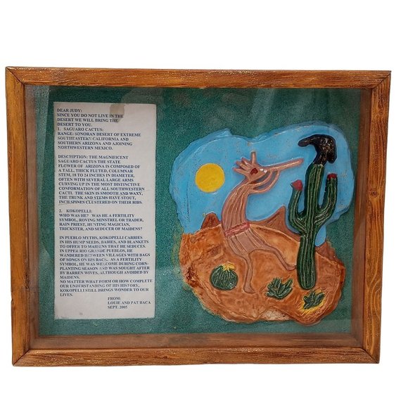 Kokopelli Cactus Ceramic Art Sculpture Shadowbox Signed OOAK Carved Painted - Picture 1 of 16